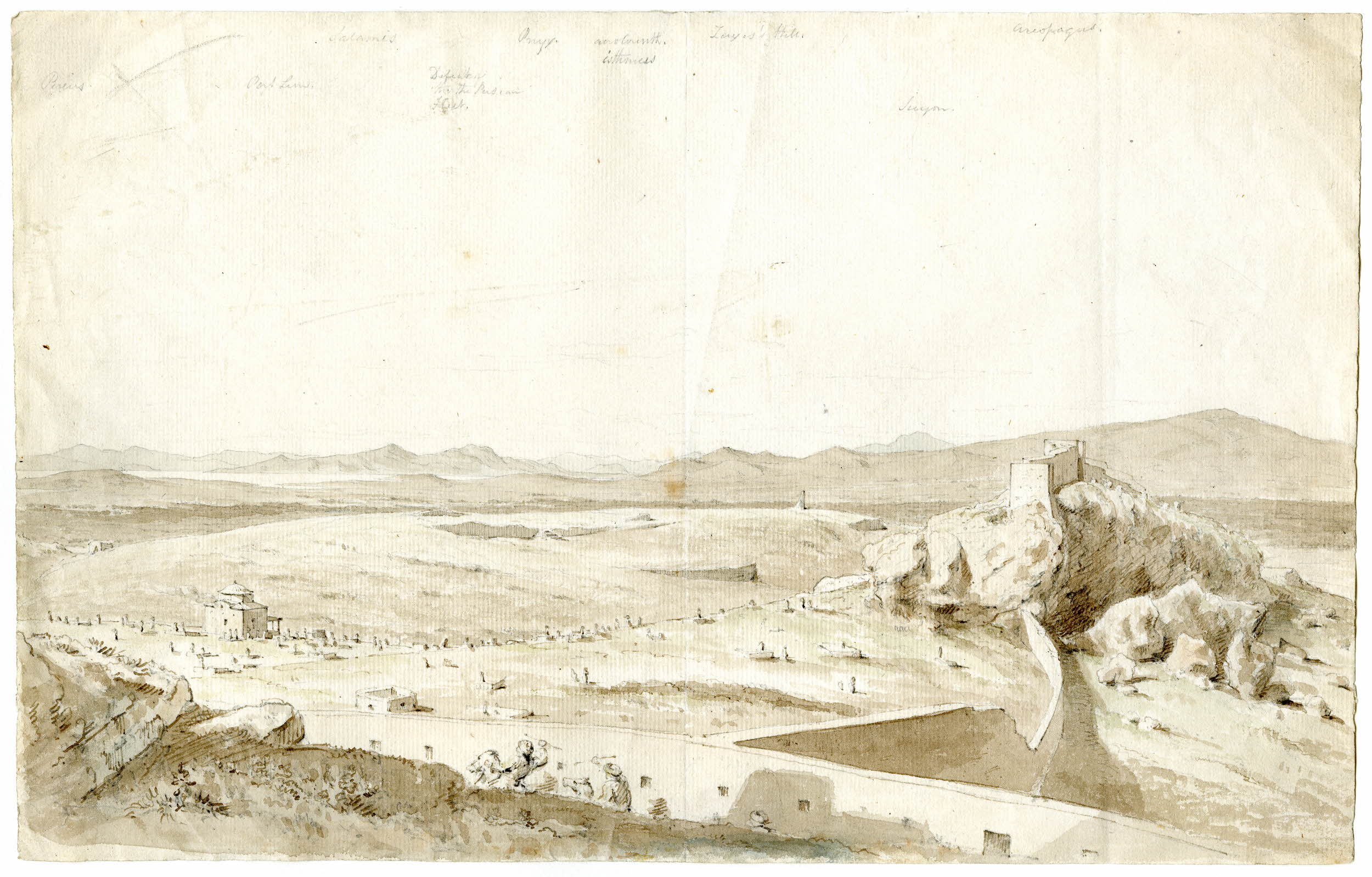 Το τείχος του Χασεκή (1778) συνδέει το Κάστρο με τον Άρειο Πάγο· έξω από το τείχος, το Μουσουλμανικό κοιμητήριο (The British Museum).