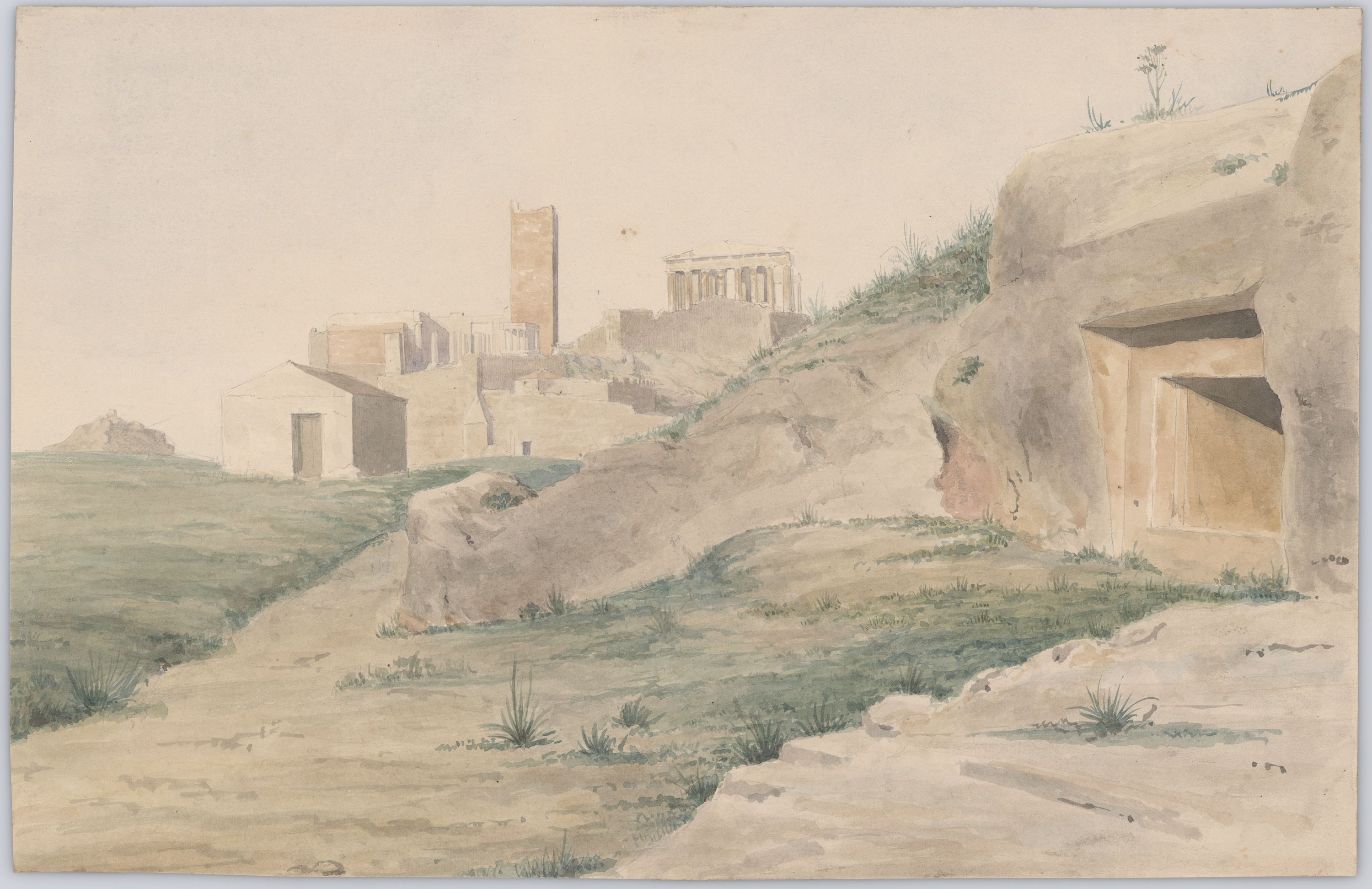 The so-called "Tombs of Kimon" and the rock of the Acropolis, and its monuments; Loumbardiaris, plain and unadorned (Royal Danish Library - Danish National Art Library).
