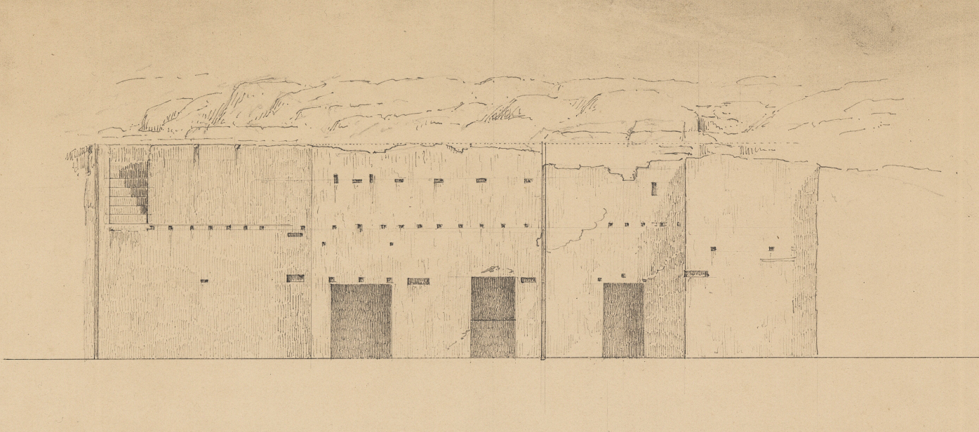 The face of the scarp accommodating the wall of an ancient house bearing visible holes for the beams of the upper storey; the so-called "Prison of Socrates" (Royal Danish Library - Danish National Art Library).