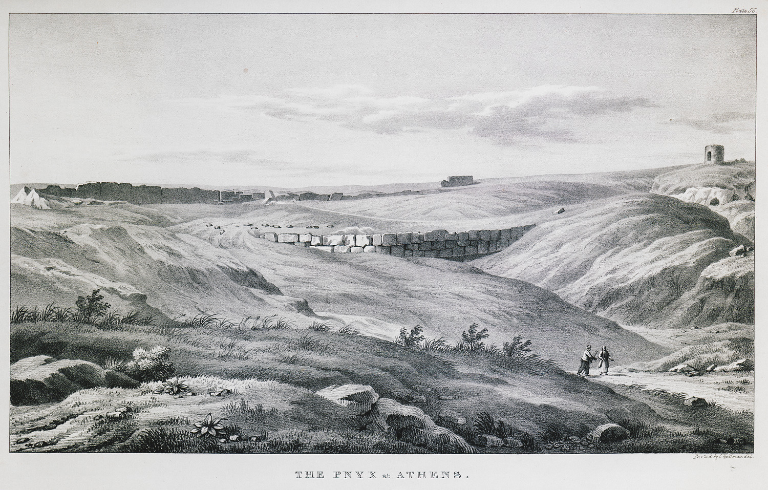 The slopes of the Pnyx through centuries; to the right, the wind mill before being ruined (The Gennadius Library - American School of Classical Studies at Athens, from the website of the Aikaterini Laskaridi Foundation).